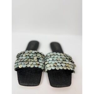 Deltan Leather Flora Linen Pearl Disc Ornamented Flat Slide Sandals Sz 6.5